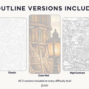 May include: Three paint-by-number templates labeled 3 OUTLINE VERSIONS INCLUDED. The left is a Classic light gray outline, the center is a Color Hint version showing a library with books and a lamp, and the right is a High Contrast dark outline.