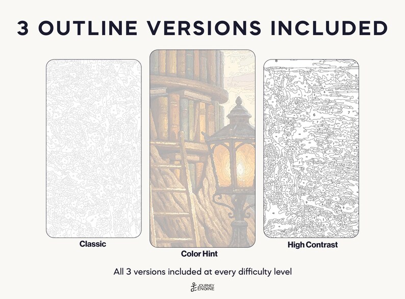 May include: Three paint-by-number templates labeled 3 OUTLINE VERSIONS INCLUDED. The left is a Classic light gray outline, the center is a Color Hint version showing a library with books and a lamp, and the right is a High Contrast dark outline.
