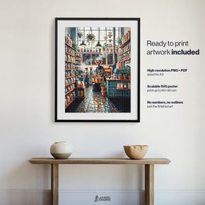 May include: A framed wall art print depicting a bustling coffee roastery interior with shelves of coffee bags, a large roasting machine, and hanging plants. The text reads: Ready to print artwork included, High-resolution PNG + PDF sized for A3, Scalable SVG poster print up to 60x90 cm, No numbers, no outlines just the finished art.