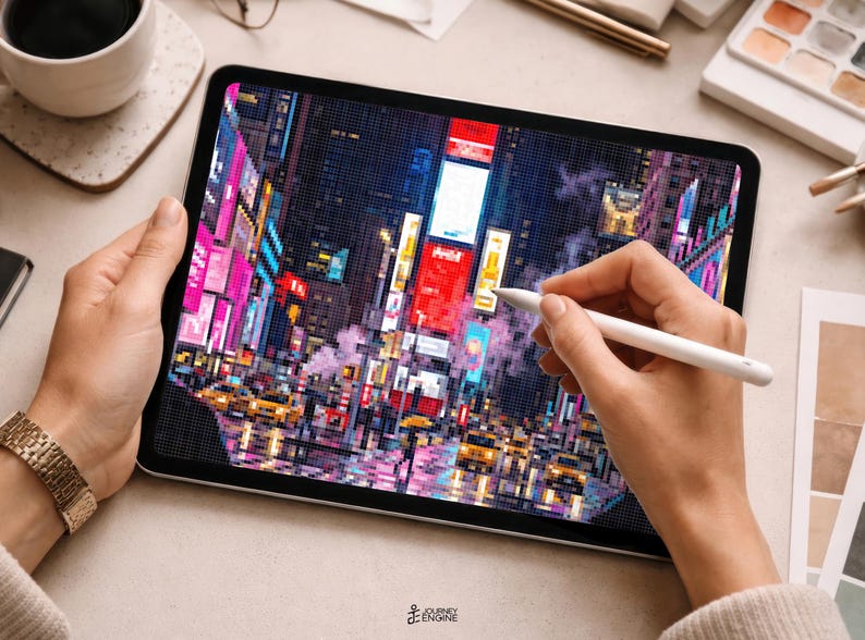 May include: A tablet displaying a pixelated digital illustration of a busy city street at night with bright neon signs, illuminated billboards, and yellow taxis. A white stylus is held against the screen, which features a grid-like pattern.