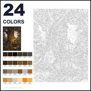 May include: A paint-by-numbers kit featuring 24 colors and a numbered outline of a tree with a hollow trunk, a lantern, and a small structure. The set includes a small color reference image, a numbered color palette, and a large line drawing.