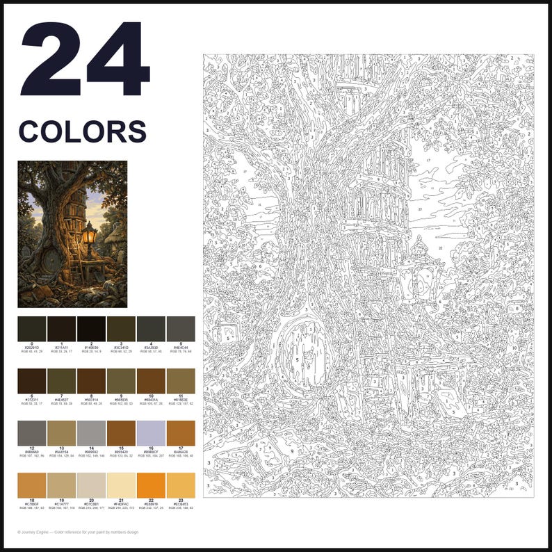 May include: A paint-by-numbers kit featuring 24 colors and a numbered outline of a tree with a hollow trunk, a lantern, and a small structure. The set includes a small color reference image, a numbered color palette, and a large line drawing.