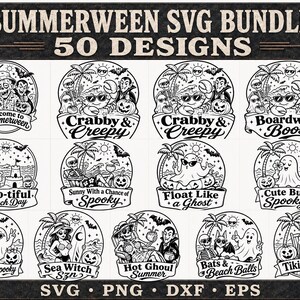 Może przedstawiać: Cyfrowy pakiet 50 czarno-białych projektów graficznych zatytułowany Summerween SVG Bundle. Kolekcja zawiera okrągłe ilustracje duchów, szkieletów, wampirów i stworzeń morskich w scenerii plażowej wraz z towarzyszącym im tekstem.