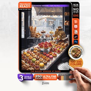 May include: A digital diamond mosaic art file for iPad featuring a bakery window at dawn. The display shows various pastries and tarts. Text includes PROCREATE READY, DIAMOND MOSAIC, 92K SQUARES, NO GLUE NO WAX, 3 LEVELS INCLUDED, 350 COLORS, and THE BAKERY WINDOW AT DAWN.