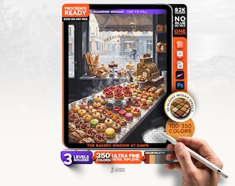 Digital Diamond Painting, Mystery Mosaic iPad, The Bakery Window at Dawn, Cozy Procreate Art, 3 Levels, 92K Squares, Instant Download