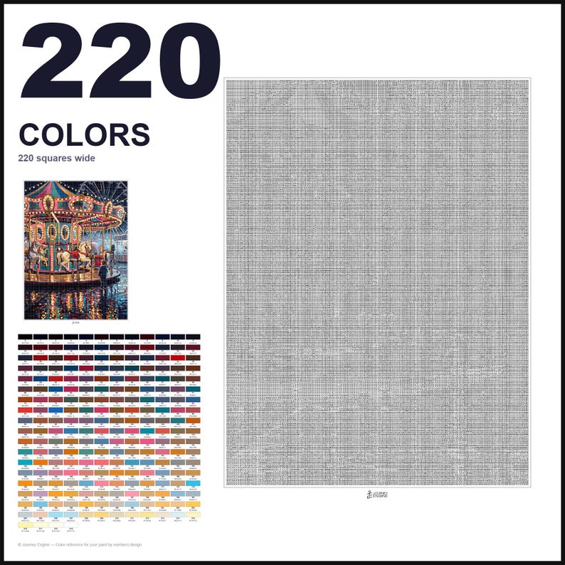 May include: A paint-by-numbers pattern featuring a large grid of 220 squares wide, a small reference image of a carousel at night, and a comprehensive color palette chart with 220 numbered color swatches for a detailed art project.