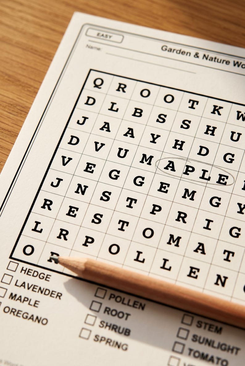 A close-up of a Garden and Nature large-print word search puzzle with the word APPLE circled, a wooden pencil resting on the page
