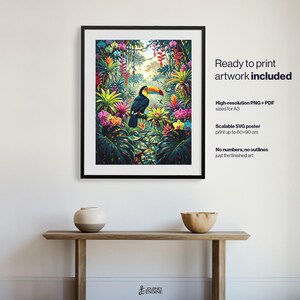 May include: A framed wall art print featuring a colorful toucan perched in a lush tropical jungle with vibrant flowers and green foliage. The text reads: Ready to print artwork included, High-resolution PNG + PDF sized for A3, Scalable SVG poster print up to 60x90 cm, No numbers, no outlines just the finished art.