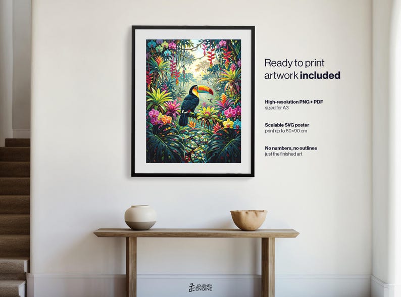May include: A framed wall art print featuring a colorful toucan perched in a lush tropical jungle with vibrant flowers and green foliage. The text reads: Ready to print artwork included, High-resolution PNG + PDF sized for A3, Scalable SVG poster print up to 60x90 cm, No numbers, no outlines just the finished art.
