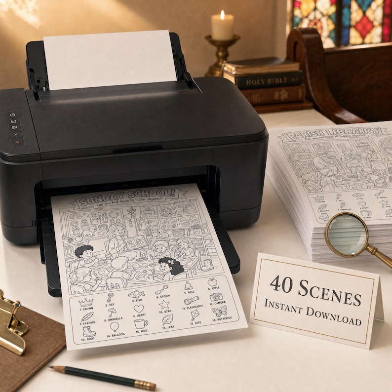 May include: A black inkjet printer feeding a white paper sheet with a Sunday School themed hidden object activity page. Beside it sits a stack of printed activity pages, a magnifying glass, and a sign reading 40 SCENES INSTANT DOWNLOAD.