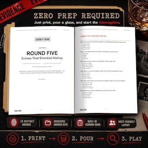 May include: An open game book titled Journey Engine Chapter 5 Round Five Crimes That Shocked History, featuring multiple-choice questions about historical crimes. The pages include text, headers, and a list of questions with options A through D.