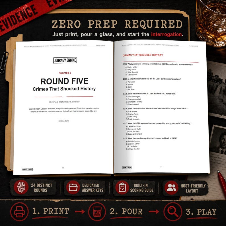 May include: An open game book titled Journey Engine Chapter 5 Round Five Crimes That Shocked History, featuring multiple-choice questions about historical crimes. The pages include text, headers, and a list of questions with options A through D.