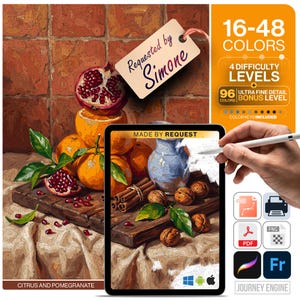 Peut inclure: Un kit de peinture par numéros numérique représentant une nature morte d'oranges, de grenades, de bâtons de cannelle et d'une cruche bleue. L'image inclut des textes comme Requested by Simone, Made by Request et Citrus and Pomegranate, avec des icônes de formats de fichiers.