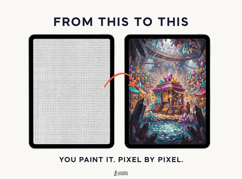 May include: Two tablets displaying a digital paint-by-number activity. The left screen shows a grid of letters and numbers, while the right screen displays a colorful fantasy market scene with crystals. Text reads FROM THIS TO THIS and YOU PAINT IT. PIXEL BY PIXEL.