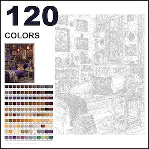 Puede incluir: Un kit de pintura por n&uacute;meros con un contorno lineal de un interior de biblioteca con una chaise longue, estanter&iacute;as y arte enmarcado. La imagen incluye una peque&ntilde;a foto de referencia, una cuadr&iacute;cula de 120 muestras de color numeradas y el texto 120 COLORS.