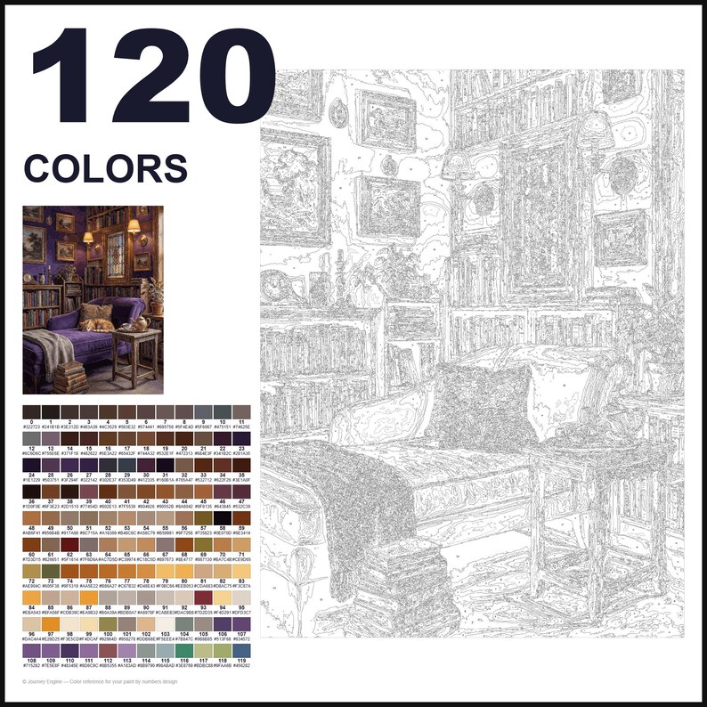 Puede incluir: Un kit de pintura por n&uacute;meros con un contorno lineal de un interior de biblioteca con una chaise longue, estanter&iacute;as y arte enmarcado. La imagen incluye una peque&ntilde;a foto de referencia, una cuadr&iacute;cula de 120 muestras de color numeradas y el texto 120 COLORS.