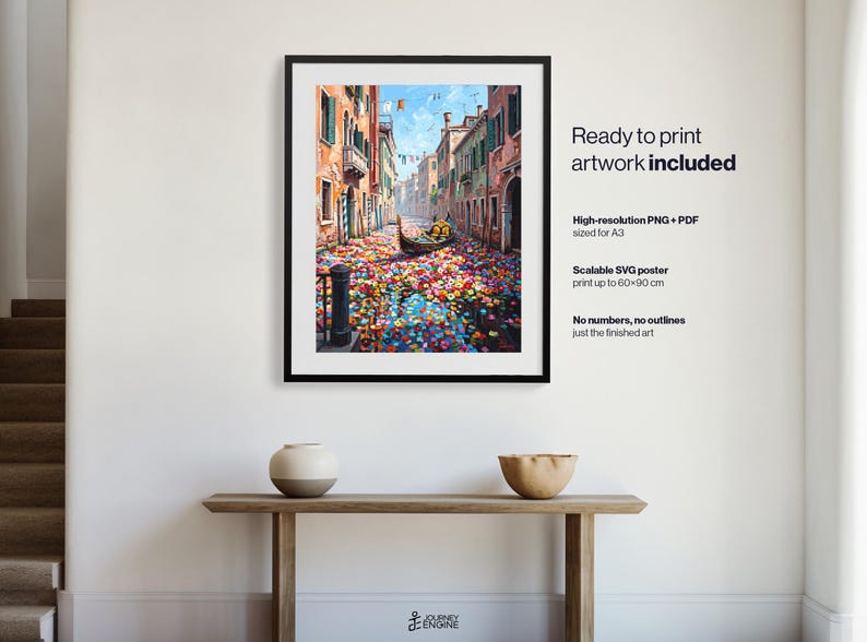 May include: A framed wall art print depicting a Venetian canal scene with a gondola floating on water covered in colorful flower petals. The artwork is surrounded by tall buildings and includes text detailing high-resolution PNG and PDF files.