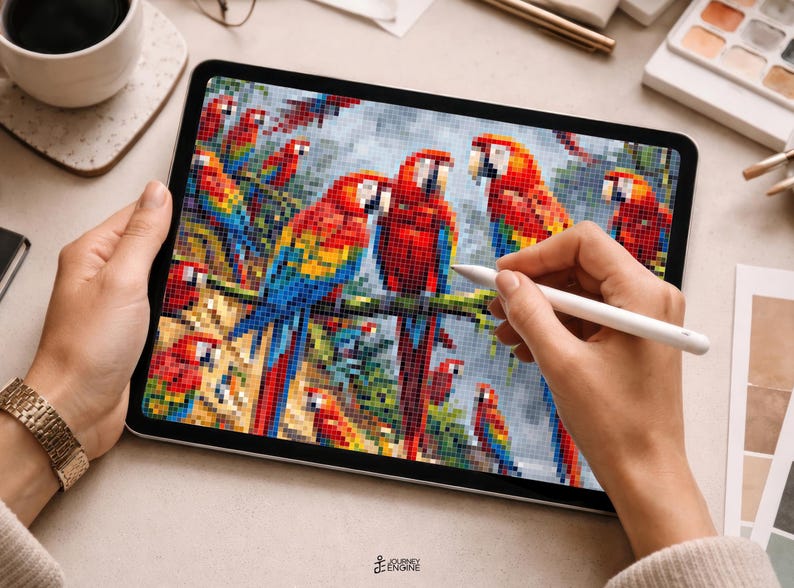 May include: A digital tablet displaying a pixel art illustration of multiple colorful macaws with red, yellow, and blue feathers perched on branches. The screen shows a grid-based design being edited with a white stylus, featuring vibrant tropical birds.
