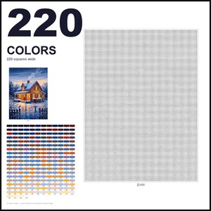 May include: A paint by numbers pattern featuring a large grid, a small reference image of a winter cabin at dusk, and a color palette chart with 220 numbered swatches. The text 220 COLORS and 220 squares wide is printed on the white background.