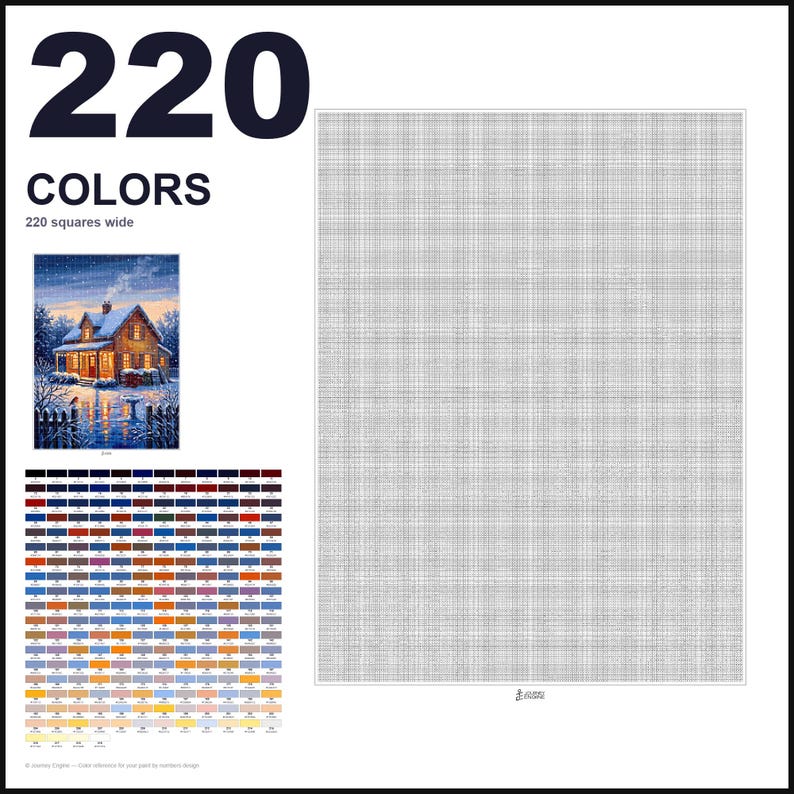 May include: A paint by numbers pattern featuring a large grid, a small reference image of a winter cabin at dusk, and a color palette chart with 220 numbered swatches. The text 220 COLORS and 220 squares wide is printed on the white background.