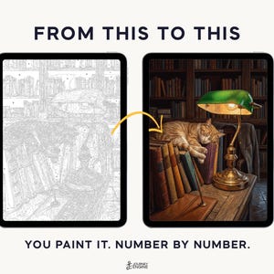 May include: Two tablets display a paint-by-number project. The left shows a grayscale line drawing of a cat sleeping on books near a lamp. The right shows the completed, full-color version with a ginger cat, green lamp, and library background. Text reads: FROM THIS TO THIS. YOU PAINT IT. NUMBER BY NUMBER.