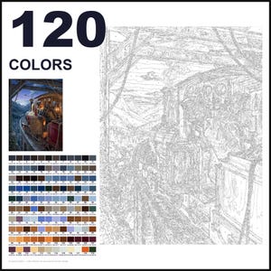 May include: A paint-by-numbers kit featuring a large outline drawing of a steam locomotive on a bridge. The image includes a small colored reference picture, the text 120 COLORS, and a grid of 120 numbered color swatches with hex codes.