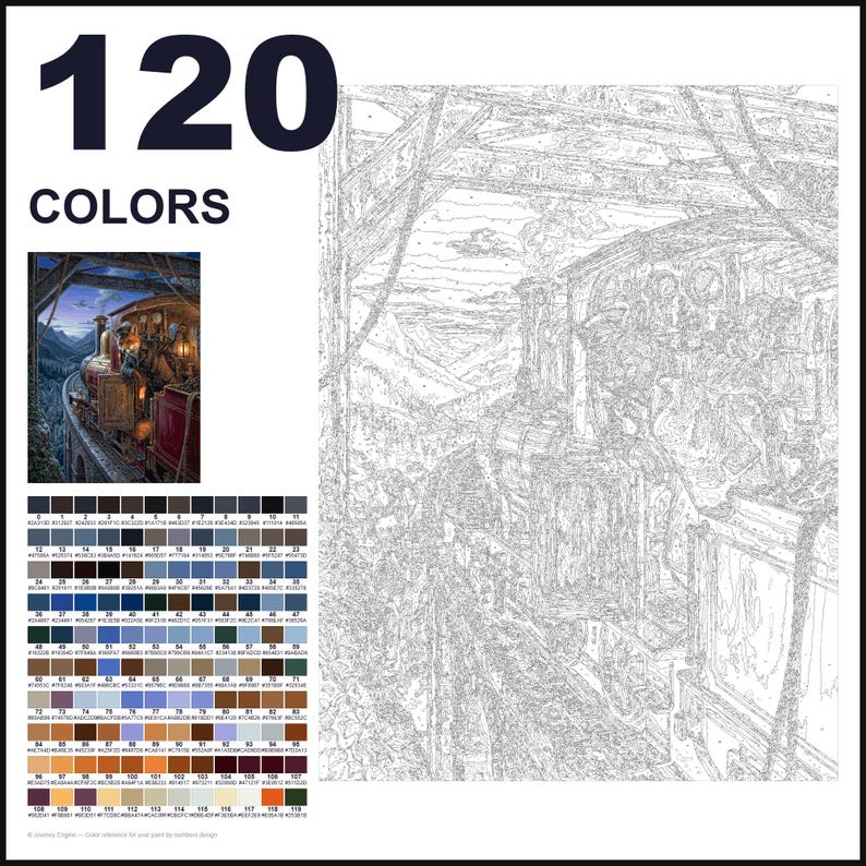 May include: A paint-by-numbers kit featuring a large outline drawing of a steam locomotive on a bridge. The image includes a small colored reference picture, the text 120 COLORS, and a grid of 120 numbered color swatches with hex codes.