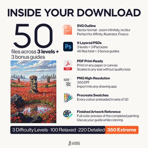 May include: A digital download package containing 50 files across 3 levels and 3 bonus guides. Includes SVG, 9 layered PSDs, PDF, high-resolution PNG, Procreate swatches, and a finished artwork reference. Features a painting of Moai statues in a field.