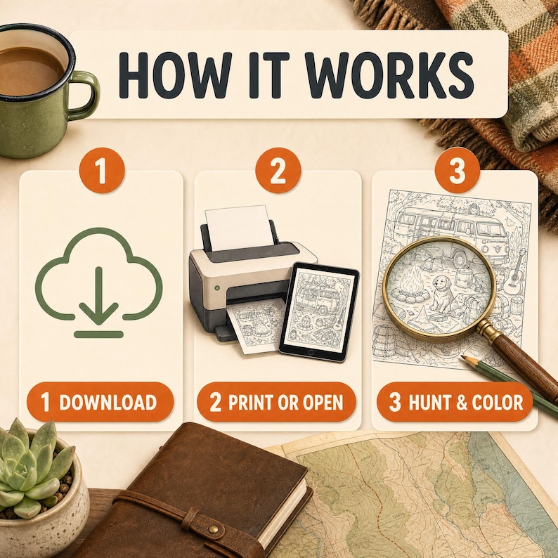 May include: An instructional graphic titled HOW IT WORKS with three steps. Step 1 shows a download icon. Step 2 shows a printer and a tablet displaying a camping scene. Step 3 shows a magnifying glass over a camping coloring page with a pencil.