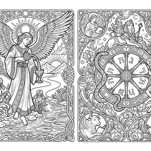 May include: A black and white line art illustration featuring two panels. The left panel shows an angel pouring liquid between two chalices near a river. The right panel depicts a central wheel surrounded by a sphinx, anubis, and zodiac figures.