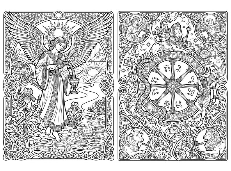 May include: A black and white line art illustration featuring two panels. The left panel shows an angel pouring liquid between two chalices near a river. The right panel depicts a central wheel surrounded by a sphinx, anubis, and zodiac figures.
