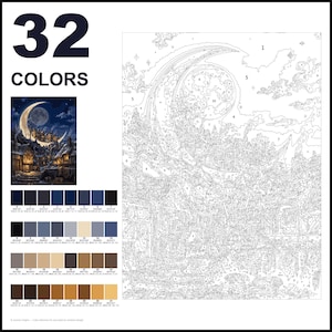 May include: A paint-by-numbers kit featuring 32 colors and a numbered outline of a village scene under a large crescent moon. The set includes a small color reference image, a grid of 32 color swatches with hex codes, and a large line drawing.