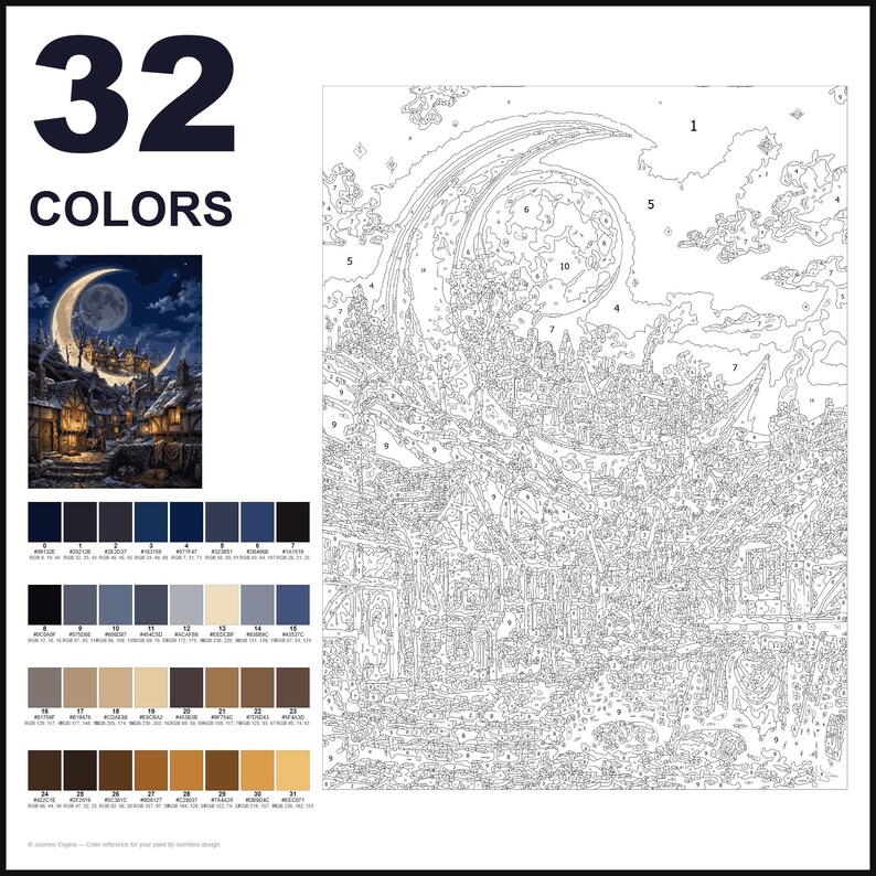 May include: A paint-by-numbers kit featuring 32 colors and a numbered outline of a village scene under a large crescent moon. The set includes a small color reference image, a grid of 32 color swatches with hex codes, and a large line drawing.
