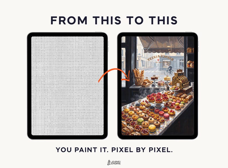 May include: Two tablets displaying a paint-by-number activity. The left tablet shows a grid of letters, while the right tablet displays a completed, colorful illustration of a French bakery filled with pastries. Text reads FROM THIS TO THIS.