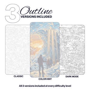 K&ouml;nnte beinhalten: Ein Malen-nach-Zahlen-Set mit drei Umriss-Versionen: Classic, Color Hint und Dark Mode. Das mittlere Color Hint-Bild zeigt Wanderer in einer verschneiten Berglandschaft mit einer gro&szlig;en Eisformation. Der Text lautet 3 Outline VERSIONS INCLUDED.