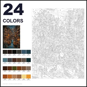 May include: A paint-by-number kit featuring a canal scene with boats and buildings. The layout includes a numbered outline, a small color reference image, and a grid of 24 color swatches with corresponding RGB values and numbers for painting.