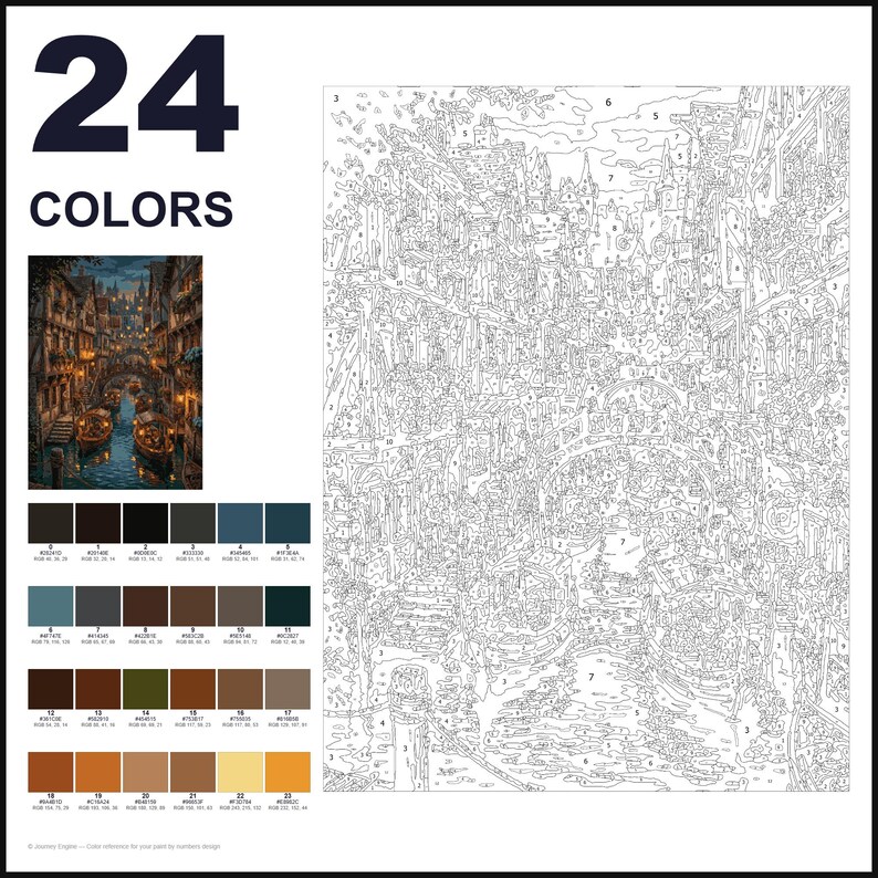 May include: A paint-by-number kit featuring a canal scene with boats and buildings. The layout includes a numbered outline, a small color reference image, and a grid of 24 color swatches with corresponding RGB values and numbers for painting.
