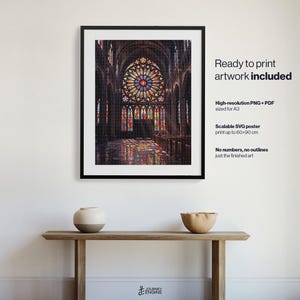 May include: A framed wall art print featuring a gothic cathedral interior with a large, colorful stained glass rose window. The text on the right reads: Ready to print artwork included, High-resolution PNG + PDF sized for A3, Scalable SVG poster print up to 60x90 cm, No numbers, no outlines just the finished art.