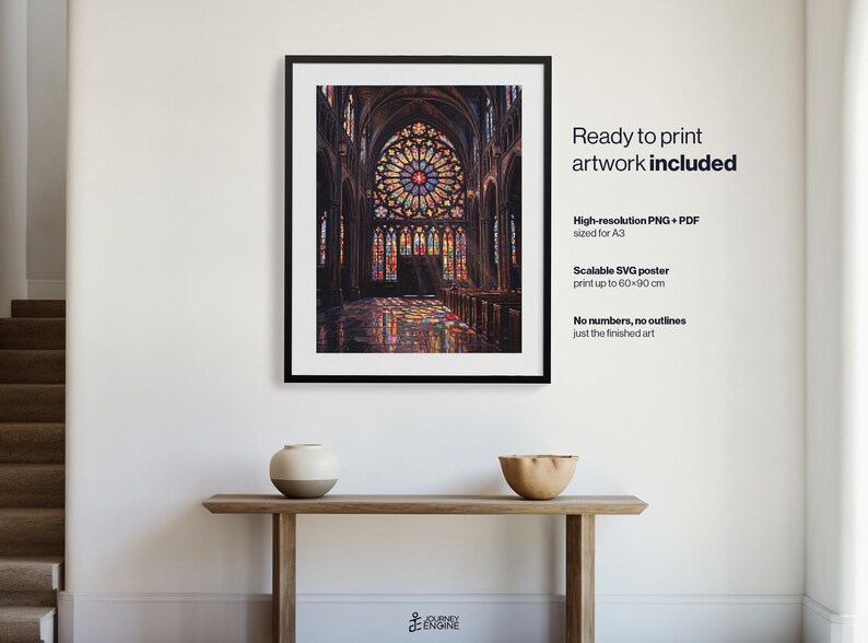 May include: A framed wall art print featuring a gothic cathedral interior with a large, colorful stained glass rose window. The text on the right reads: Ready to print artwork included, High-resolution PNG + PDF sized for A3, Scalable SVG poster print up to 60x90 cm, No numbers, no outlines just the finished art.