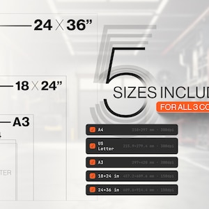 May include: A digital graphic displaying 5 sizes included for all 3 colors. The sizes listed are 24x36 inches, 18x24 inches, A3, A4, and US Letter. The image includes a list of these formats with their specific dimensions in millimeters and DPI.