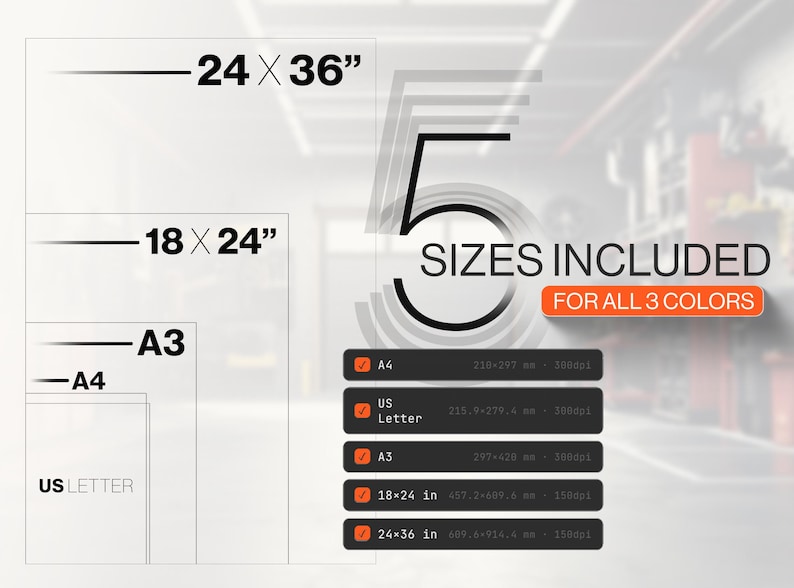 May include: A digital graphic displaying 5 sizes included for all 3 colors. The sizes listed are 24x36 inches, 18x24 inches, A3, A4, and US Letter. The image includes a list of these formats with their specific dimensions in millimeters and DPI.