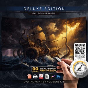 Tríptico para Pintura por Números no Procreate | Kraken vs Galeão | 90 Cores PBN | Arte Digital de Parede com Monstro Marinho Pirata | 3 Painéis | Download Instantâneo