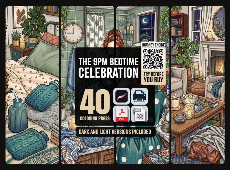 May include: A digital collection titled The 9PM Bedtime Celebration featuring 40 coloring pages in dark and light versions. The graphic includes a QR code, file format icons for Procreate, PDF, PNG, and print, and illustrations of cozy bedroom, bathroom, and living room scenes.