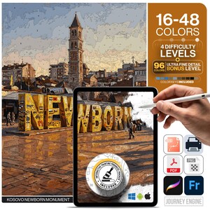 Pristina Paint by Numbers Digital | 5 Levels 16-96 Colors | Svg Pdf Png Procreate | Kosovo Newborn Monument Printable Wall Art Coloring