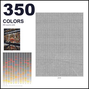 May include: A paint-by-numbers design template featuring the text 350 COLORS and 350 squares wide. It includes a small color-coded reference image of a Christmas toy shop window display and a large grid of 350 individual color swatches.