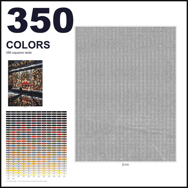 May include: A paint-by-numbers design template featuring the text 350 COLORS and 350 squares wide. It includes a small color-coded reference image of a Christmas toy shop window display and a large grid of 350 individual color swatches.
