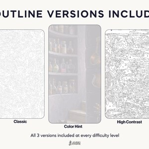 May include: Three paint-by-number templates labeled 3 OUTLINE VERSIONS INCLUDED. The left is a Classic light gray outline, the center is a Color Hint version with a faint pantry image, and the right is a High Contrast black outline.