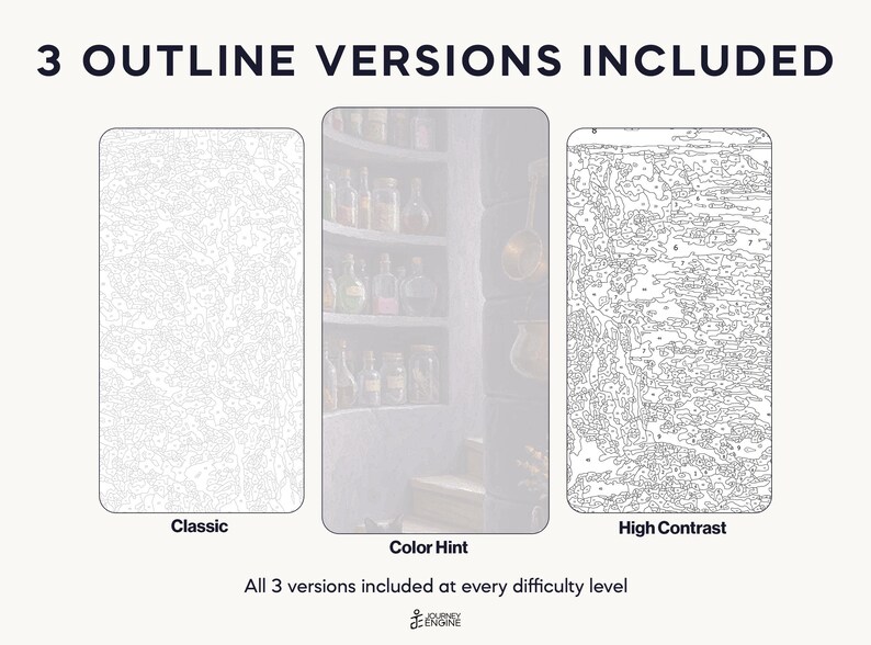 May include: Three paint-by-number templates labeled 3 OUTLINE VERSIONS INCLUDED. The left is a Classic light gray outline, the center is a Color Hint version with a faint pantry image, and the right is a High Contrast black outline.