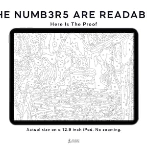 May include: A digital paint-by-number template displayed on a 12.9 inch iPad screen. The black and white line art features numerous numbered sections. Text at the top reads THE NUMB3R5 ARE READABLE Here Is The Proof, with a caption below stating the size.
