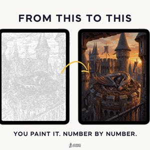May include: Two tablets displaying a digital paint-by-number project. The left screen shows a grayscale line art outline of a dragon in a castle tower. The right screen shows the completed, full-color version. Text reads FROM THIS TO THIS and YOU PAINT IT. NUMBER BY NUMBER.